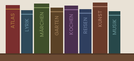 Regalbrett mit acht Büchern, die Rücken zeigen nach vorn.